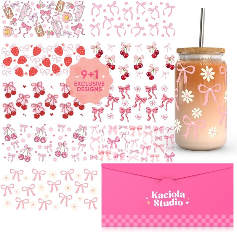 Kaciola 10 Sheets UV DTF Cup Wraps for 16 oz-Bow Theme UV DTF Stickers, 1 Sheet Mysterious Pattern Transfer, Rub on Transfers Stickers for 16 oz Libbey Glasses Crafting - Image 1